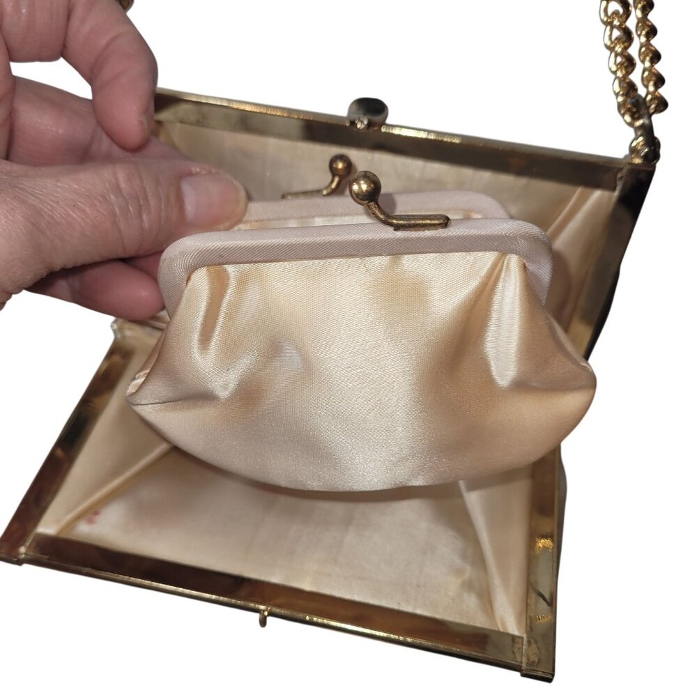 Vintage Gold Evening Bag With Chain Strap & Triangular Front Plate Satin Lined C - Picture 16 of 16